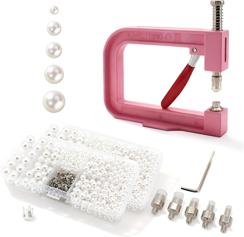 AILUHONG Pearl Setting Machine Hand Press Tools 2 Boxes White No Holes Pearl Beads with Rivet Studs Screw Heads L Hexagon Wrench for Decorating Clothes Hat Trousers Dresses Bag Hair Band DIY Crafts (Pink) - Image 1